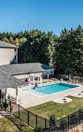 A swimming pool is surrounded by a grassy area and trees.