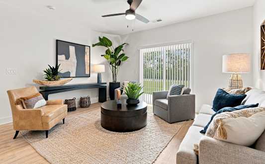 A living room with a grey couch, a black and white abstract painting on the wall, a round black and white patterned object, a small potted plant, and a wooden side table with a plant on it.
