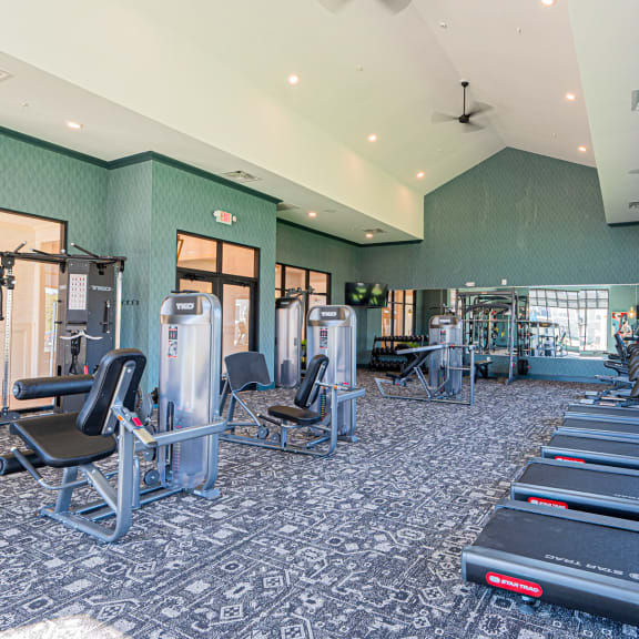 a gym with cardio equipment and weights on the floor