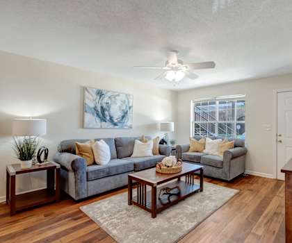A living room with a grey couch, a coffee table, and a painting on the wall.