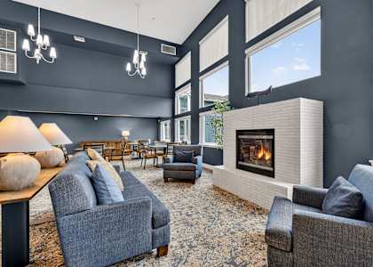 A modern living room with a fireplace and comfortable seating.