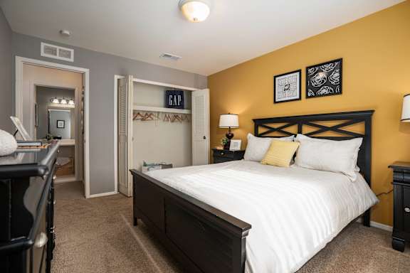 a bedroom with a large bed and a closet
