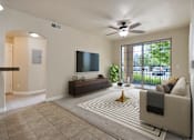 Thumbnail 4 of 17 - A living room with a flat screen TV and a large window.