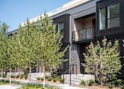 Thumbnail 6 of 8 - A modern building with a black facade and large windows.
