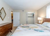 Thumbnail 19 of 36 - large carpeted bedroom with large two paneled closet, modern cedar dresser and large bed with colorful bedding