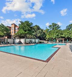 A large outdoor swimming pool surrounded by lounge chairs and trees.
