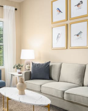 a living room with a couch and two chairs and a window