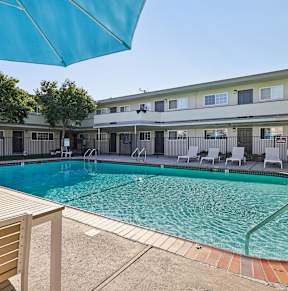 A swimming pool in front of a building with trees on the left side.
