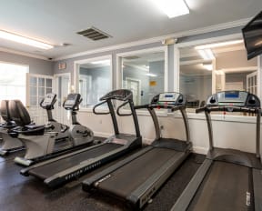 a gym with treadmills and a tv on a wall