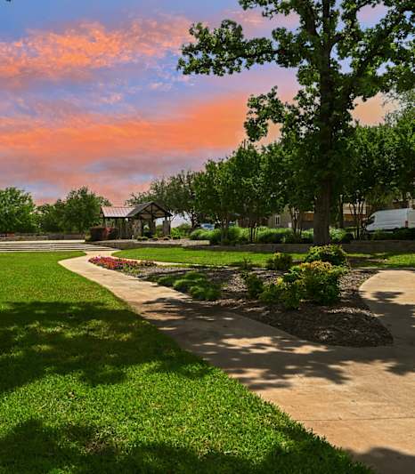 A sunny day in a park with a stone wall and a pathway.