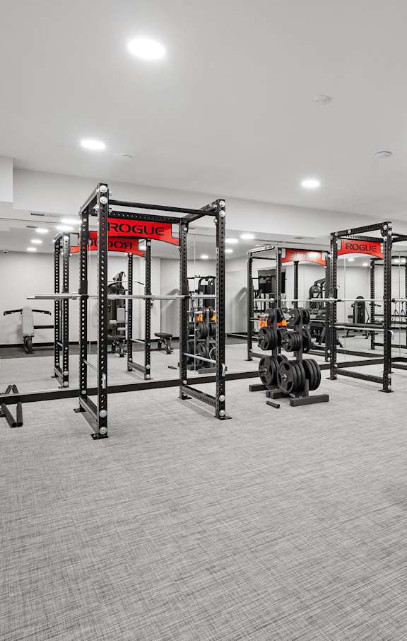 A gym with a variety of equipment including treadmills, weights, and exercise machines.