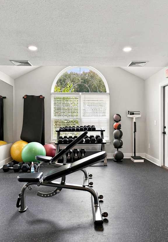 A gym with a row of exercise balls and a bench press.