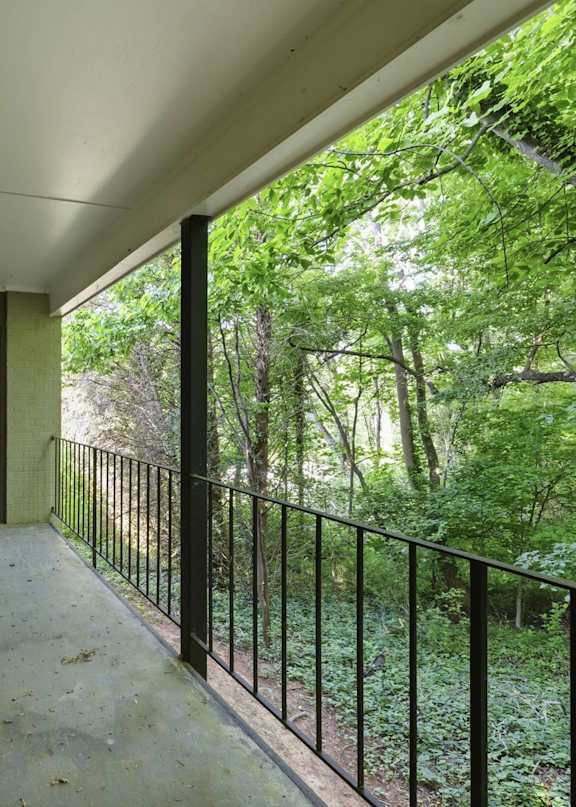 A balcony with a black railing and a view of a green forest.