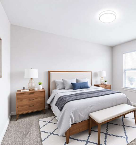 A bedroom with a bed, nightstand, and window.