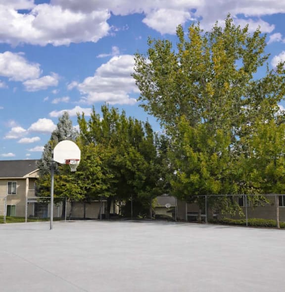 A park with a picnic table and a basketball court.