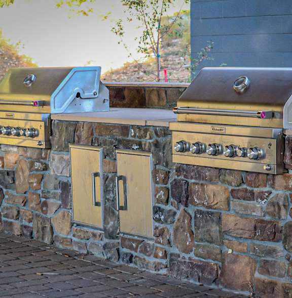 A BBQ grill is in the foreground of a residential area with palm trees.