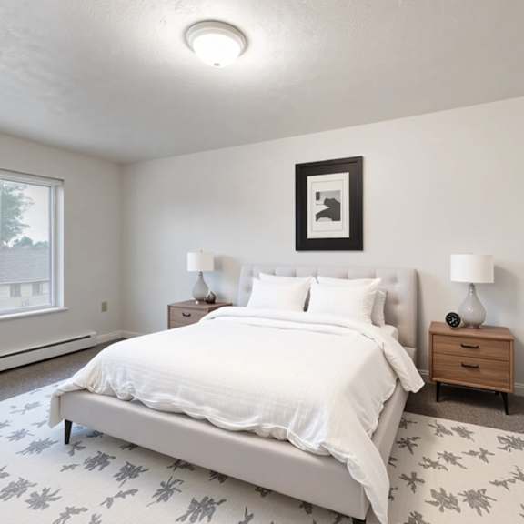 A bedroom with a large bed, two nightstands, and a framed picture on the wall.