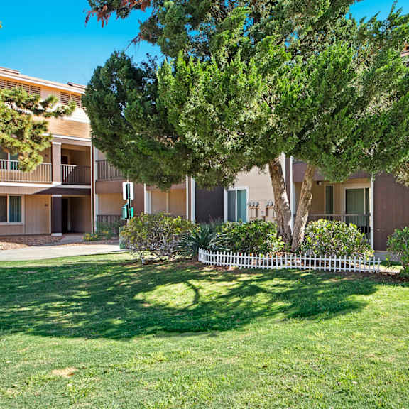 The exterior and green space with grass, trees, and shrubs at Fairgreen. 