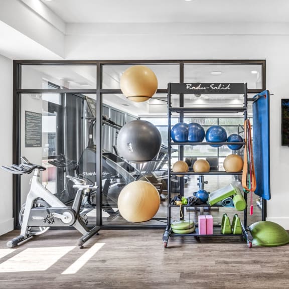 a home gym with weights and equipment and a painting on the wall