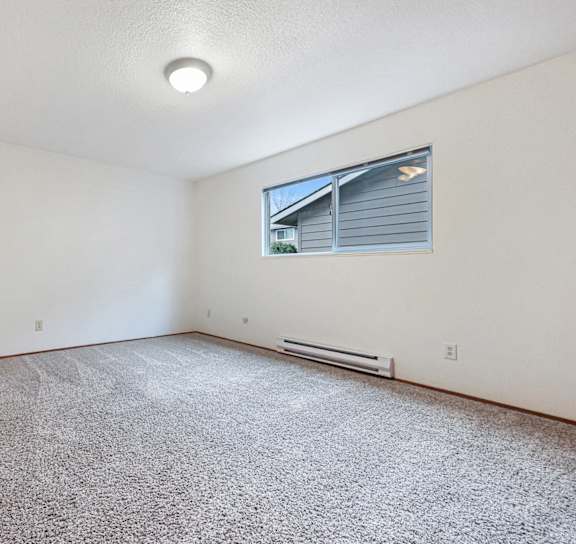A room with a carpeted floor and a window with blinds.