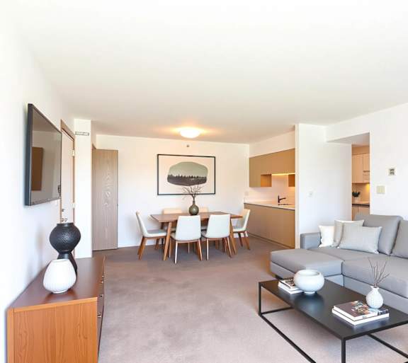 A living room with a grey couch, a coffee table, and a dining table with chairs.