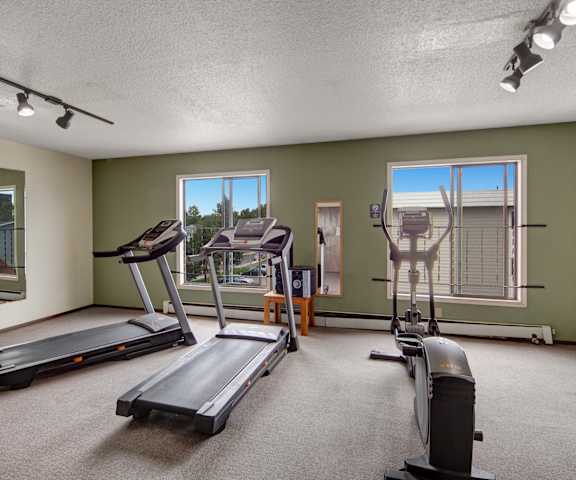 A gym with cardio machines, TVs, and a window at the Continental Apartment Homes. 
