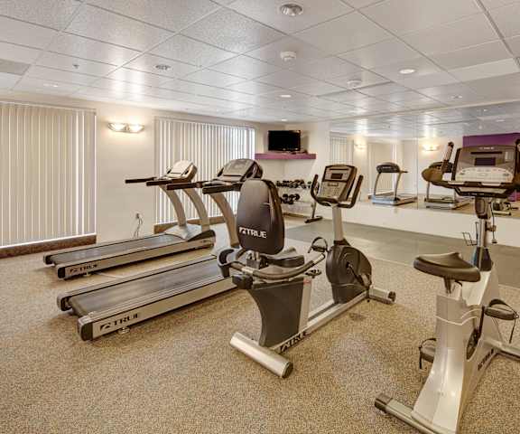 A spacious gym with cardio machines, windows, TVs, and weights at Susitna Apartment Homes. 