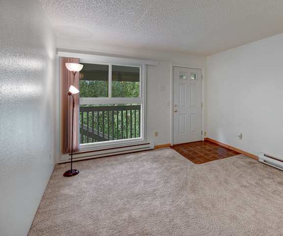 An empty living room with carpeting, a large window showing the stairs, and the front door at Terrace on the Lake Apartment Homes. 