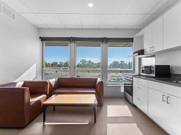 A modern kitchen with brown leather couches and a view of the outdoors through the window.