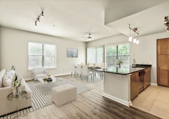 a living room with a dining room table and chairs and a kitchen in the background
