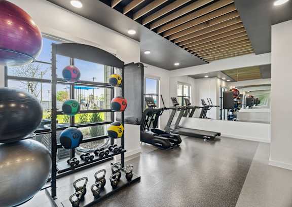 A gym with a variety of equipment including weights and treadmills.