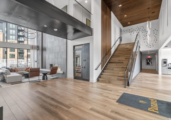 a view of the lobby at the m on hennepin apartments in minneapolis,