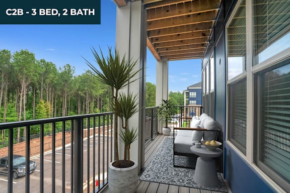 A balcony with a bed, a toilet, and a potted plant.