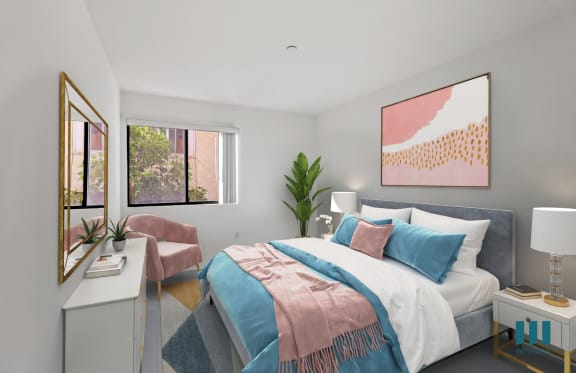 a bedroom with a bed and two blue stools