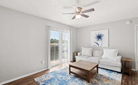 A living room with a white couch and a blue rug.