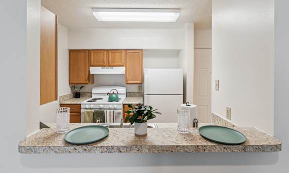 A kitchen with a granite countertop and a white fridge.
