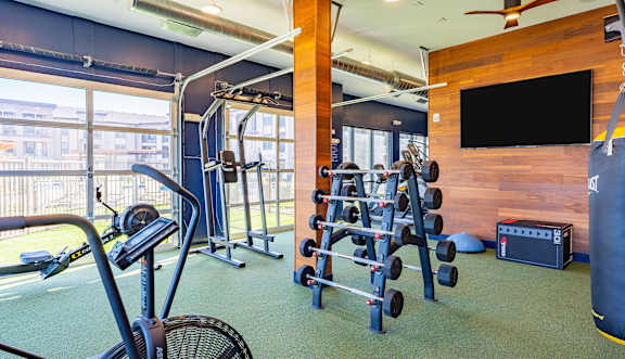A gym with a variety of equipment including a treadmill, weights, and a television.