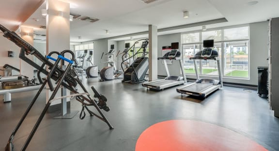 a workout room with weights and cardio equipment and windows