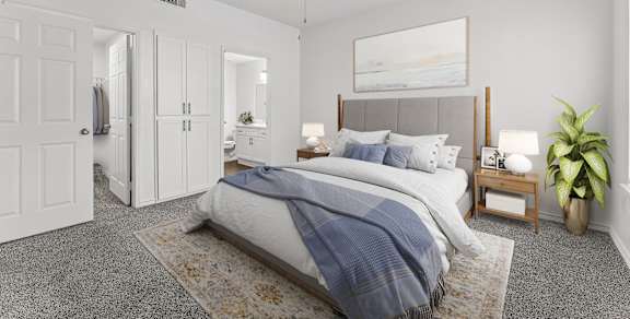 A bedroom with a bed, a plant, and a painting on the wall.