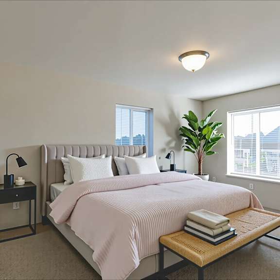 A bedroom with a large bed and a window with blinds.