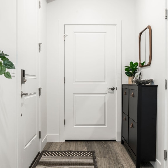 a hallway with a white door and a black dresser with a plant on it
