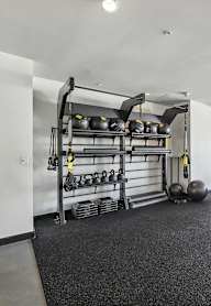 Stretching and weightlifting area at Bayview Apartments, Emeryville, California, 94608