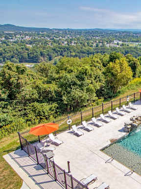 Drone view of pool at Heights at Black Bear Apartments, Morgantown, WV