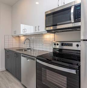 Modern galley kitchen with stainless steel appliances at Kaya Camilla, Oregon