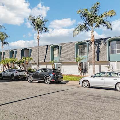 A silver car is parked in front of a building with palm trees in the background.