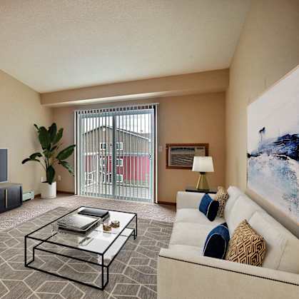 a living room with a couch and a coffee table