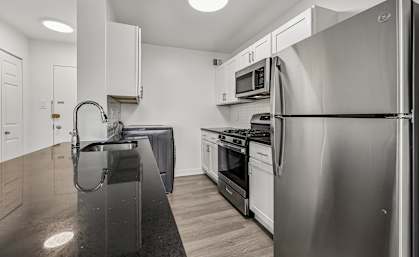A modern kitchen with stainless steel appliances and a black countertop.