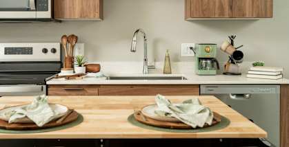 A kitchen with a wooden countertop and modern appliances.