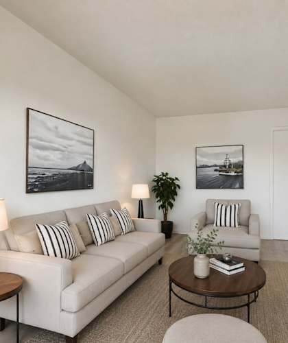 A living room with a white couch, a coffee table, and a television.