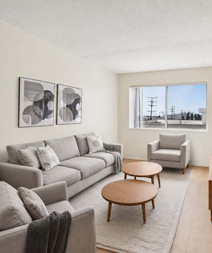 A living room with a grey couch, a wooden coffee table, and a television.